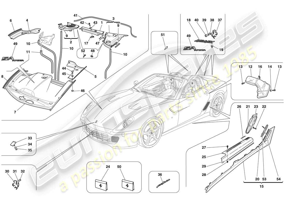 ferrari 599 sa aperta (rhd) acabado exterior diagrama de piezas