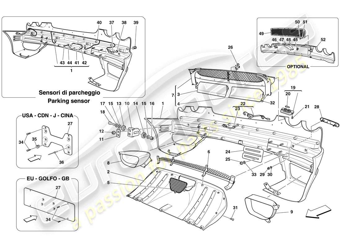 ferrari f430 spider (rhd) diagrama de piezas del parachoques trasero