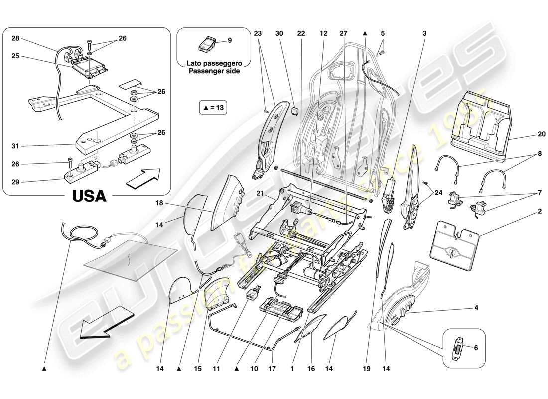ferrari 599 gtb fiorano (usa) asiento delantero - guias y mecanismos de ajuste esquema de piezas