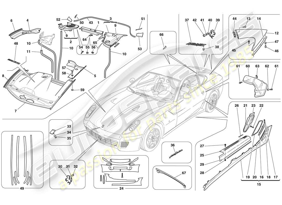 ferrari 599 gtb fiorano (usa) diagrama de piezas del acabado exterior