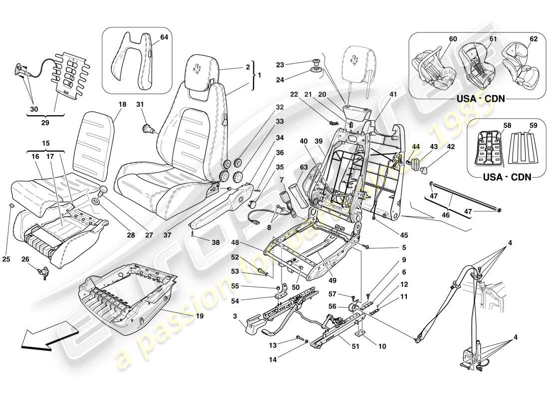 ferrari f430 spider (rhd) asiento delantero manual - cinturones de seguridad diagrama de piezas