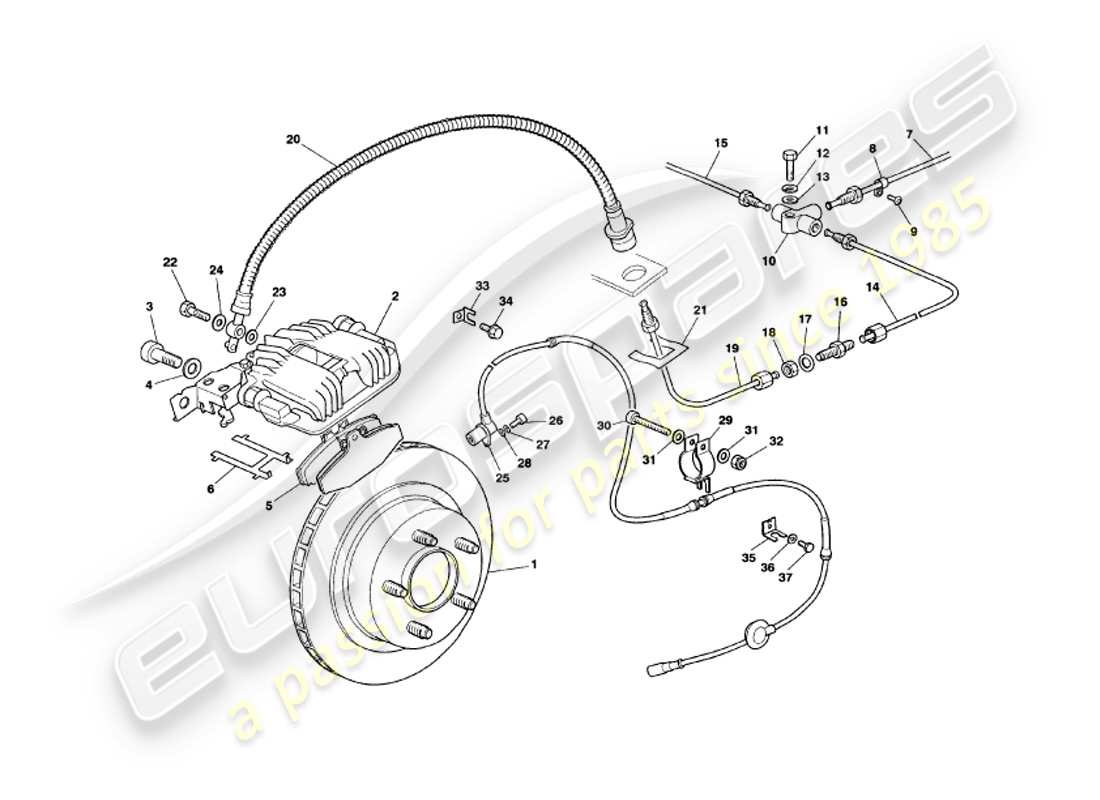 aston martin v8 volante (1999) diagrama de piezas de frenos traseros