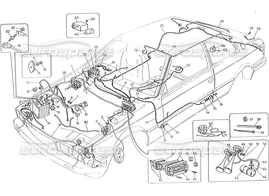 maserati 222 / 222e biturbo diagrama de piezas del mazo de cables y componentes eléctricos (dirección derecha)