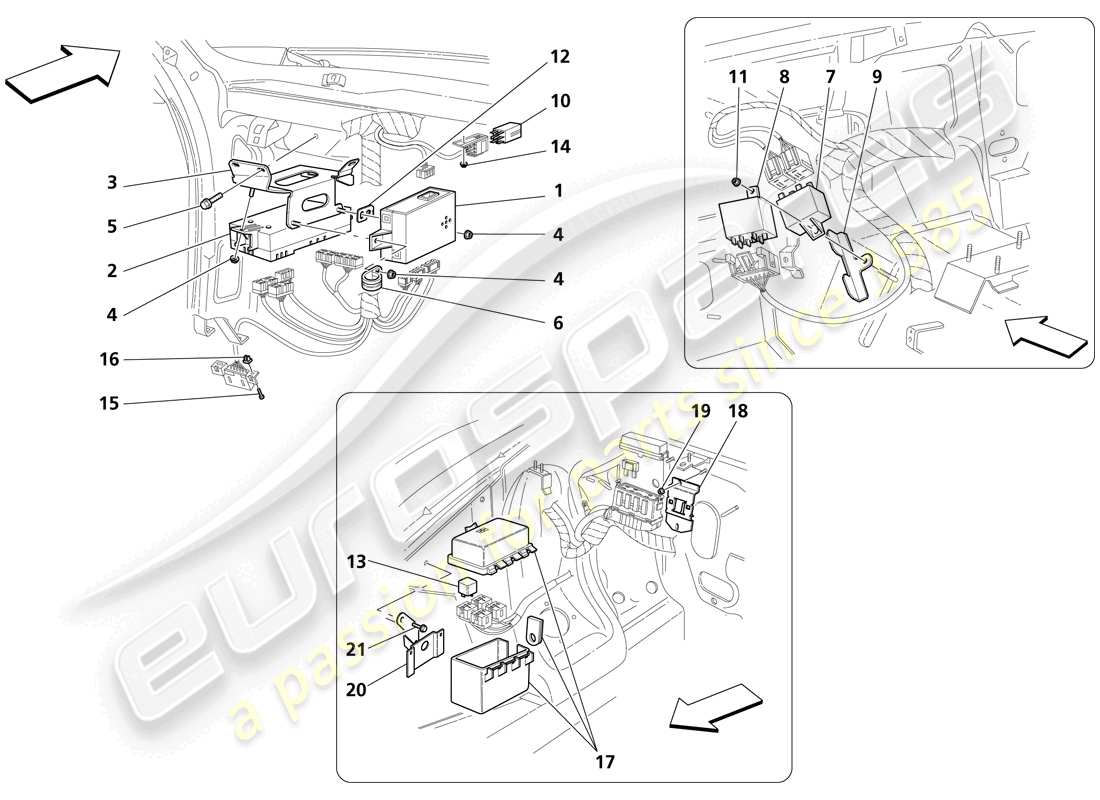 maserati trofeo estaciones de control de pasajeros delanteros y del compartimiento del motor diagrama de piezas