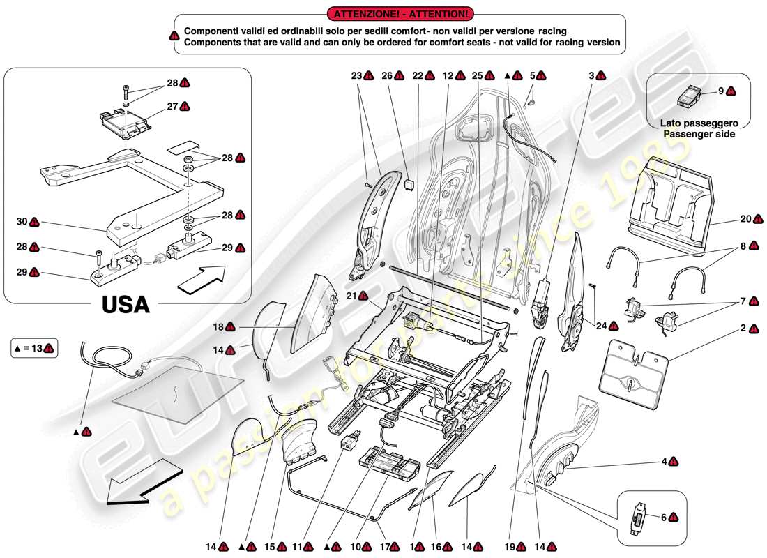 ferrari 599 sa aperta (rhd) asiento delantero - guias y mecanismos de ajuste esquema de piezas