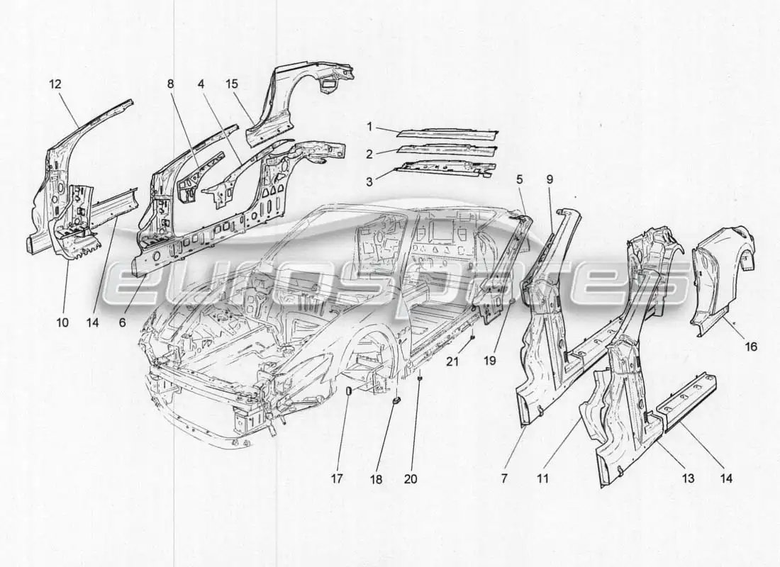 maserati grancabrio mc centenario carrocería y paneles exteriores centrales diagrama de piezas