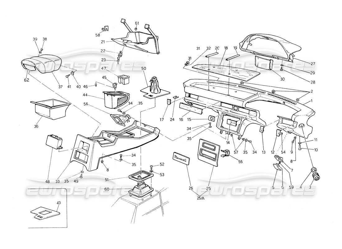 maserati biturbo spider diagrama de piezas del panel de instrumentos y la consola (dirección derecha)