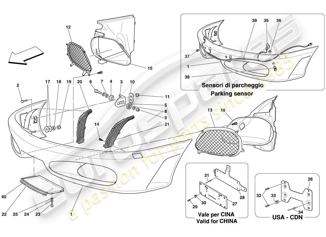 ferrari f430 spider (rhd) diagrama de piezas del parachoques delantero