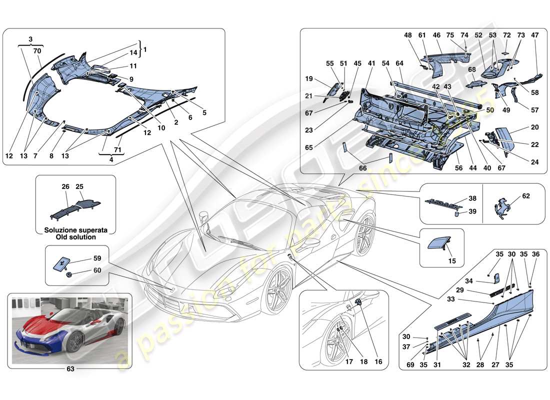 ferrari 488 spider (rhd) escudos - acabado externo diagrama de piezas