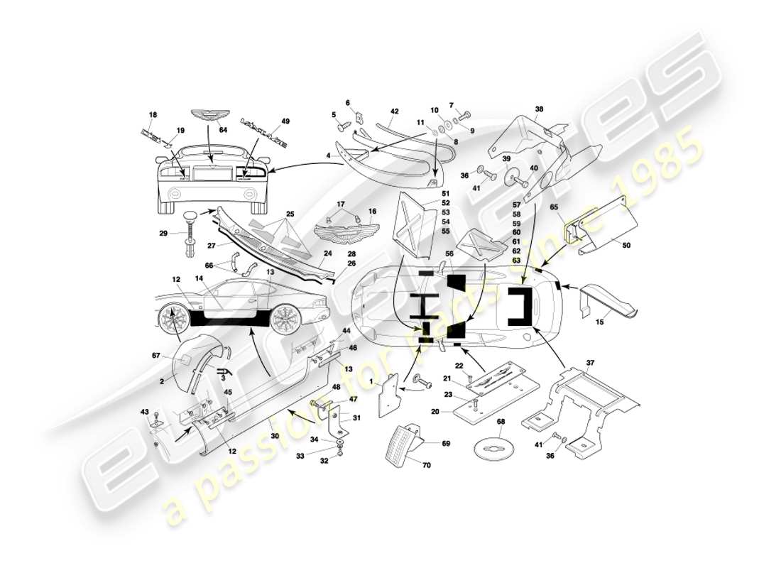 aston martin db7 vantage (1999) diagrama de piezas de accesorios para la carrocería