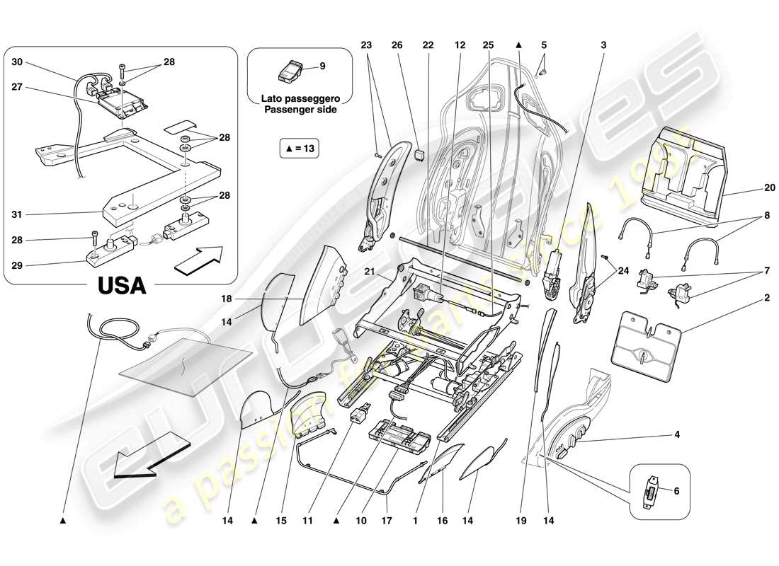 ferrari 599 gto (rhd) asiento delantero - guías y mecanismos de ajuste diagrama de piezas