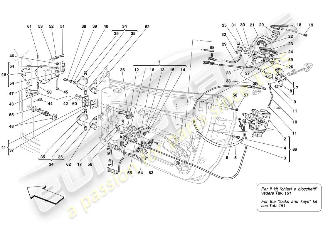 ferrari f430 spider (rhd) puertas - mecanismo de apertura y bisagras esquema de piezas