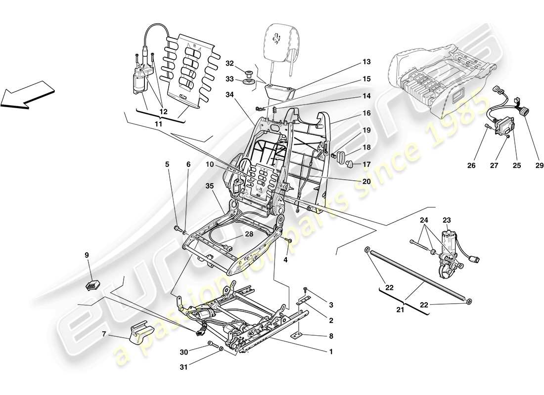 ferrari f430 coupe (rhd) asiento eléctrico - guías y mecanismos de ajuste diagrama de piezas