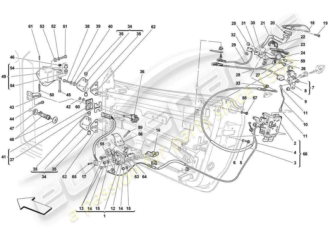 ferrari f430 scuderia (rhd) puertas - mecanismo de apertura y bisagras diagrama de piezas