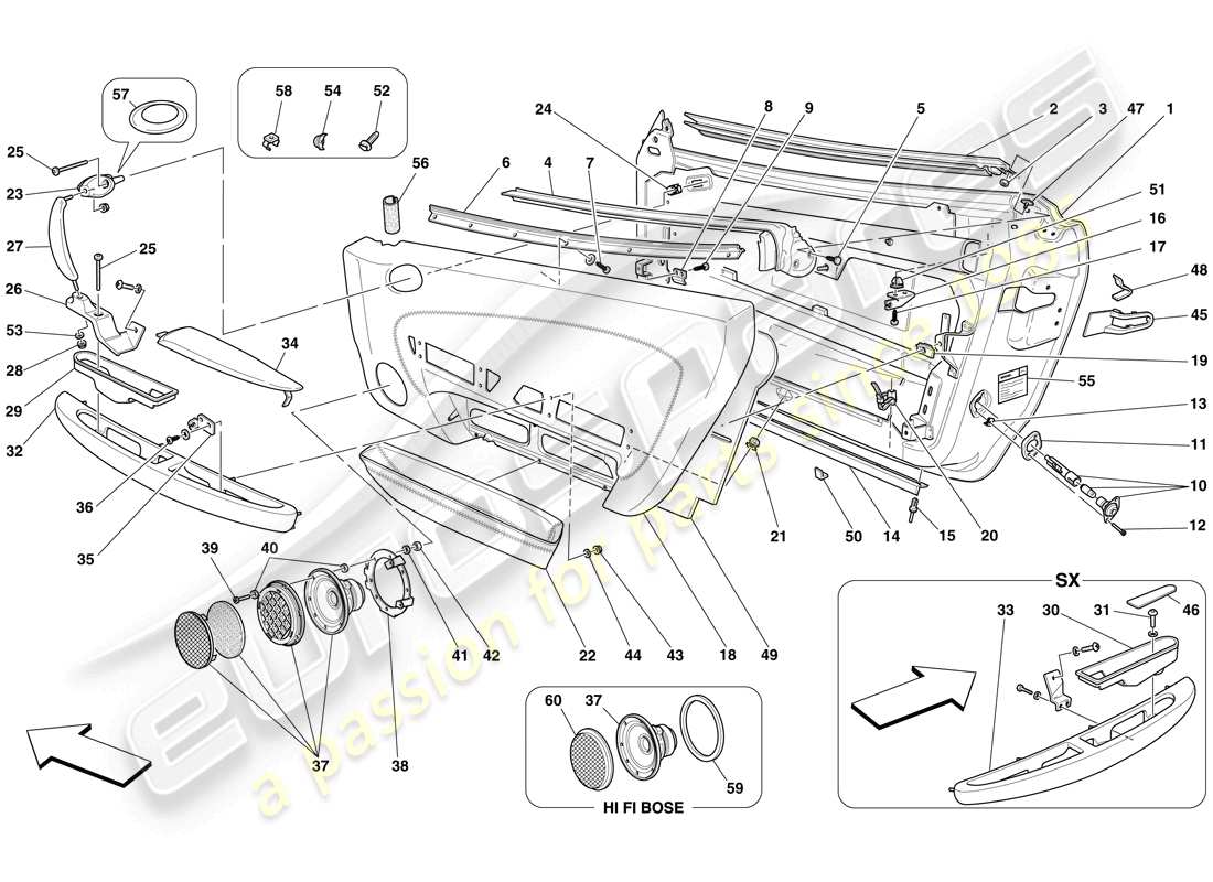 ferrari f430 spider (rhd) puertas - subestructura y acabados diagrama de piezas