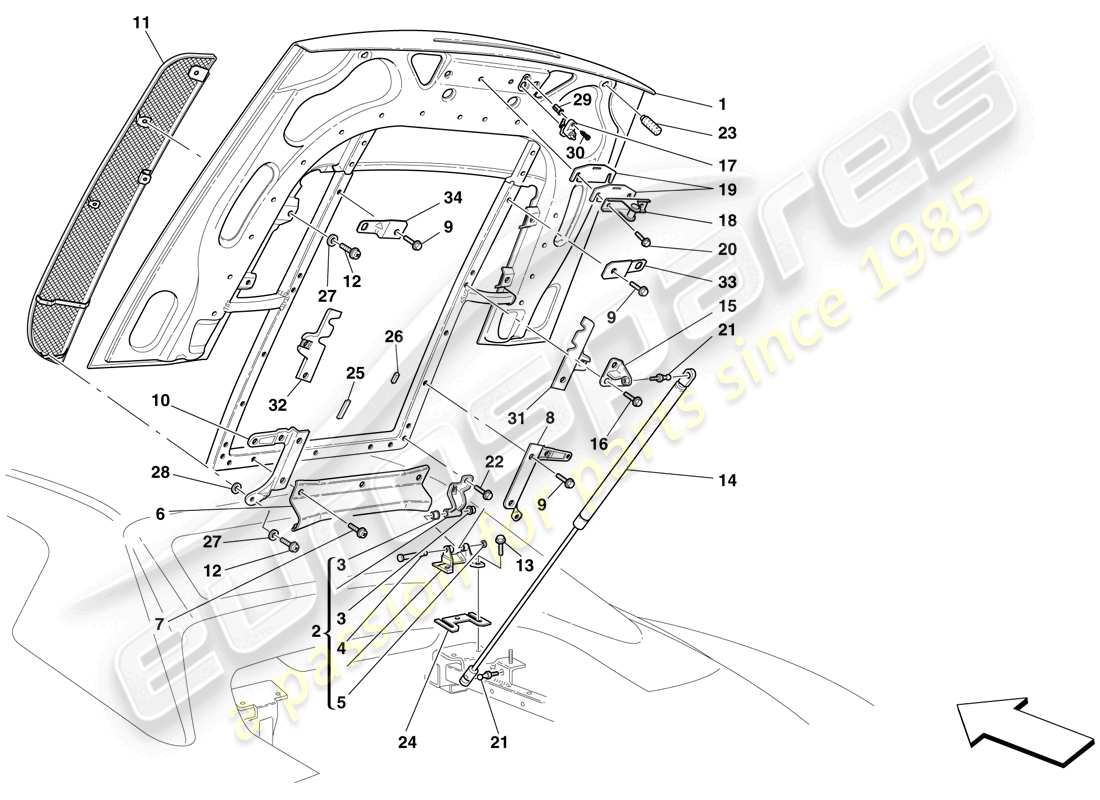 ferrari f430 scuderia (rhd) diagrama de piezas de la tapa del compartimiento del motor