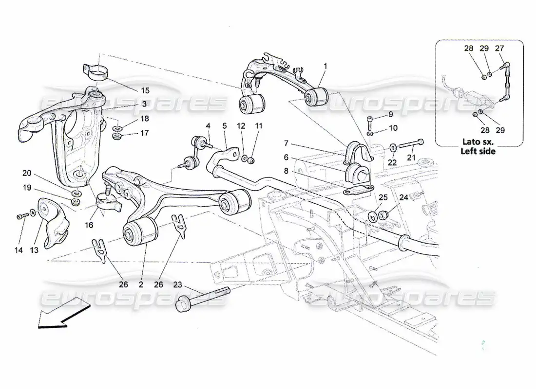 maserati qtp. (2010) 4.7 suspensión delantera diagrama de piezas