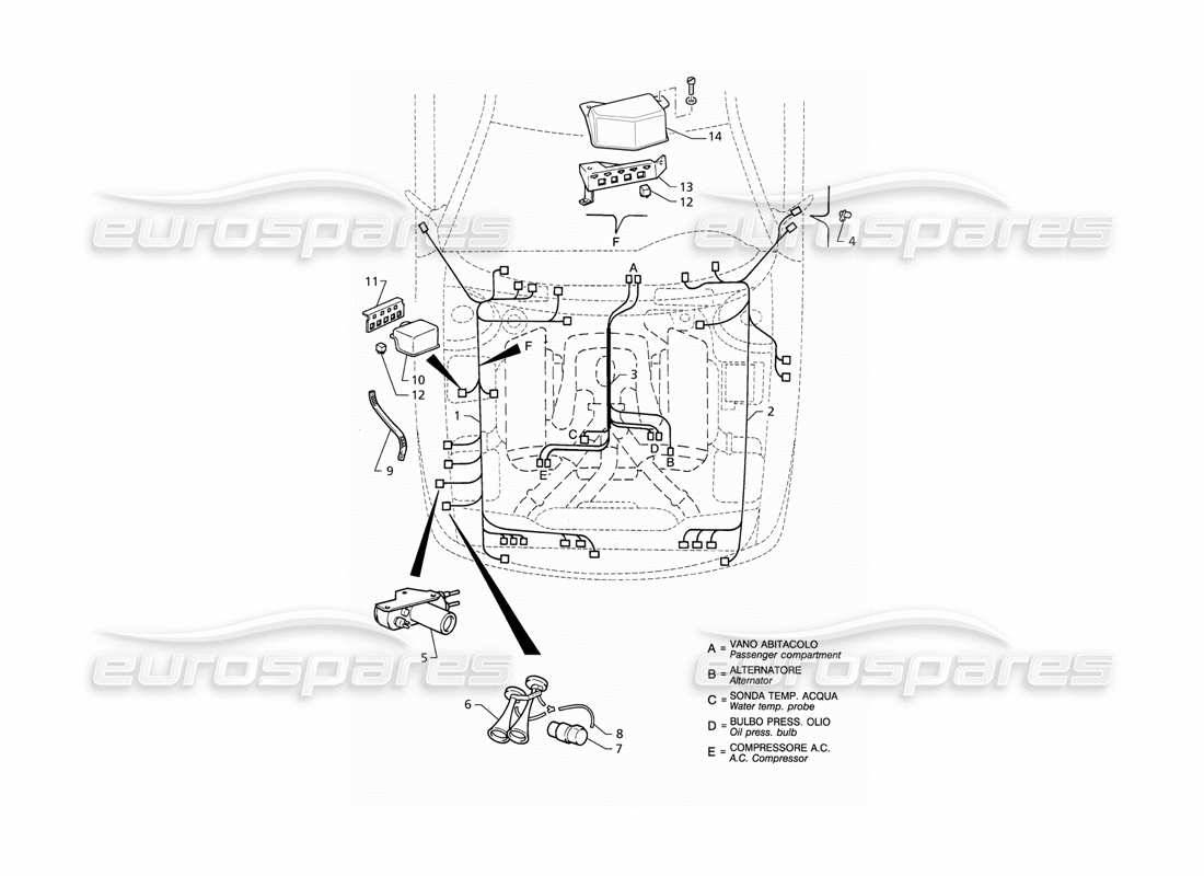 maserati qtp v6 (1996) sistema eléctrico: compartimiento del motor (lhd) diagrama de piezas