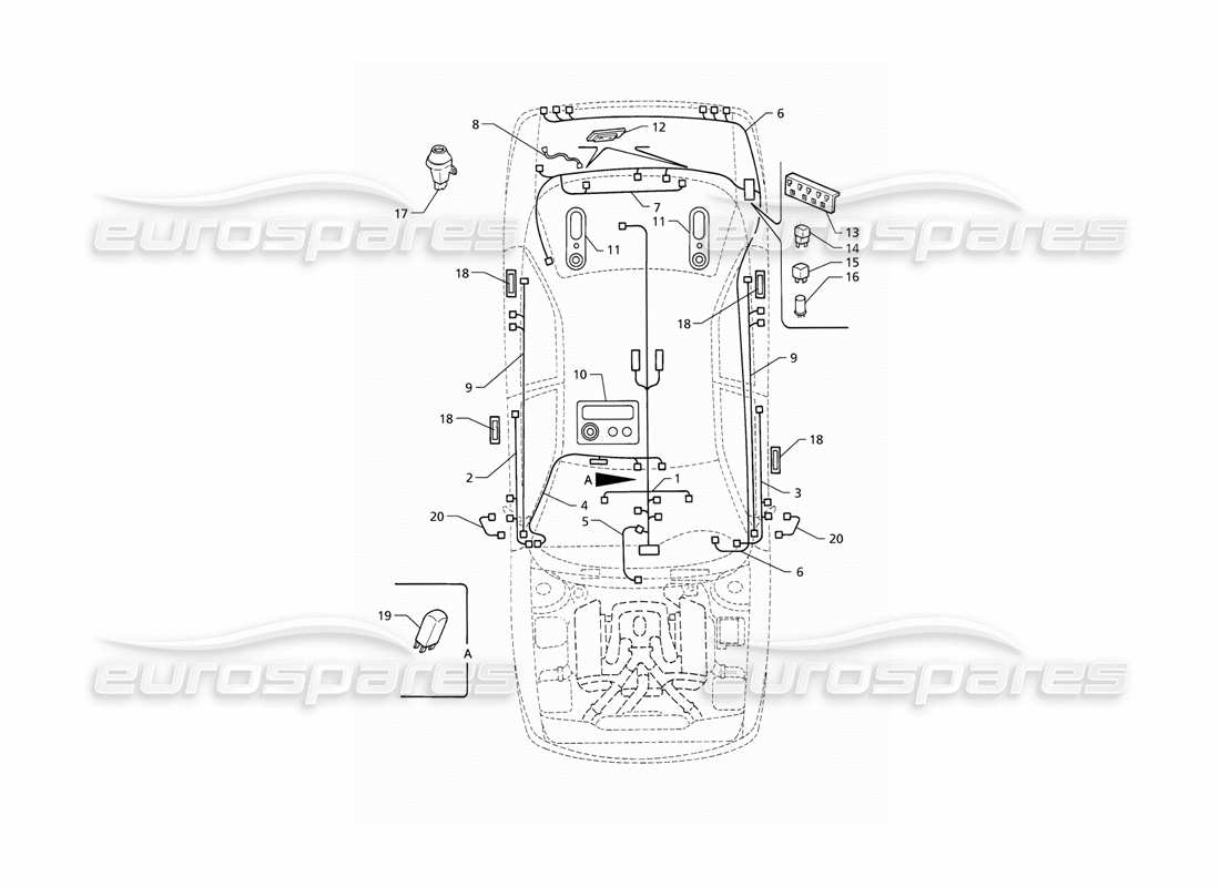 maserati qtp v6 (1996) sistema eléctrico: diagrama de piezas del maletero, puertas y compartimento de pasajeros (lhd)