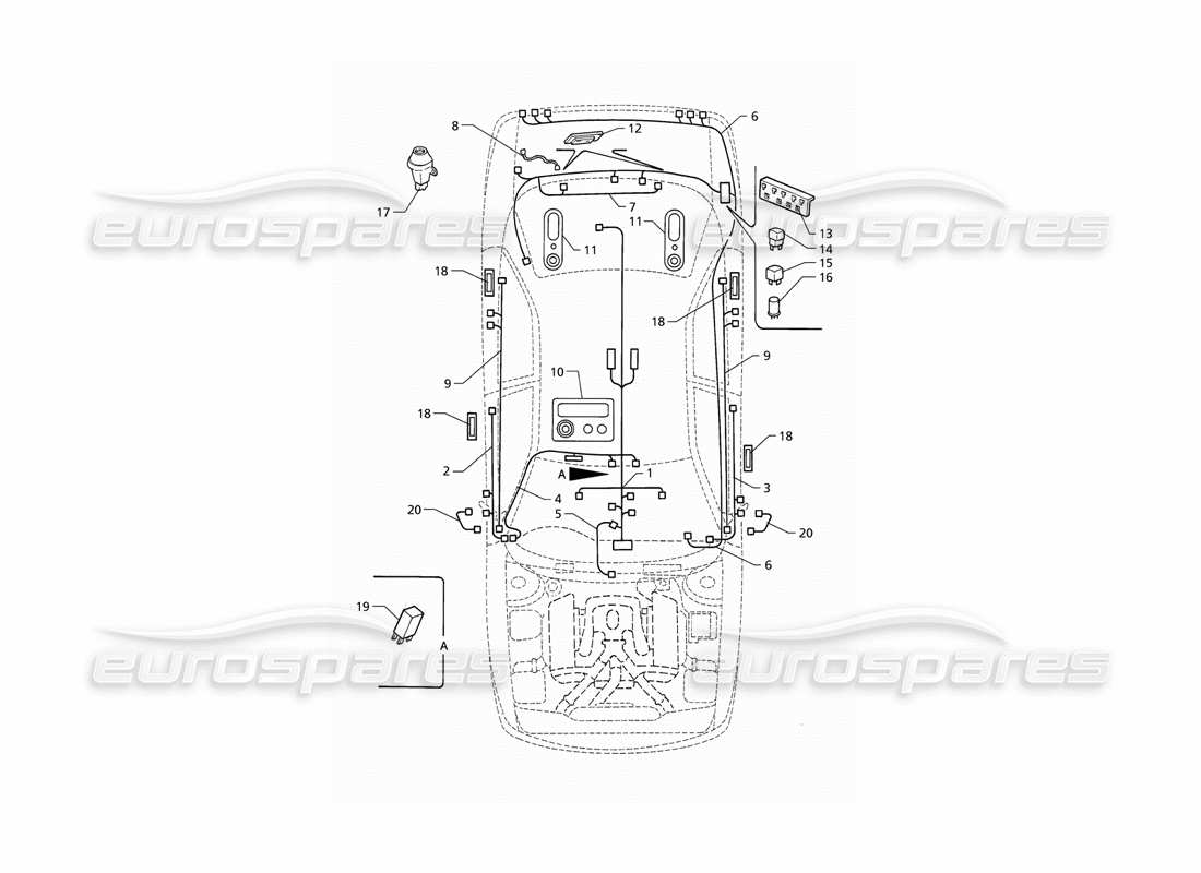 maserati qtp v6 (1996) sistema eléctrico: diagrama de piezas del maletero, puertas y compartimento de pasajeros (rhd)