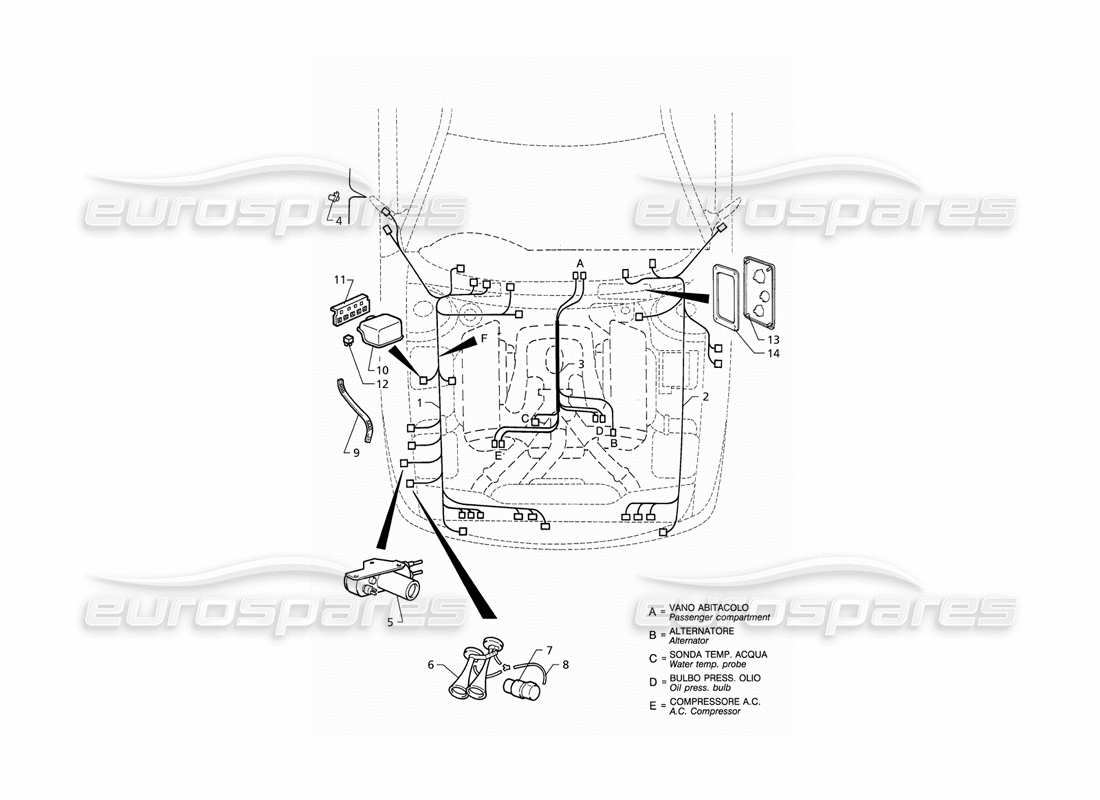 maserati qtp v6 (1996) electrical system: engine compartment (rhd) part diagram