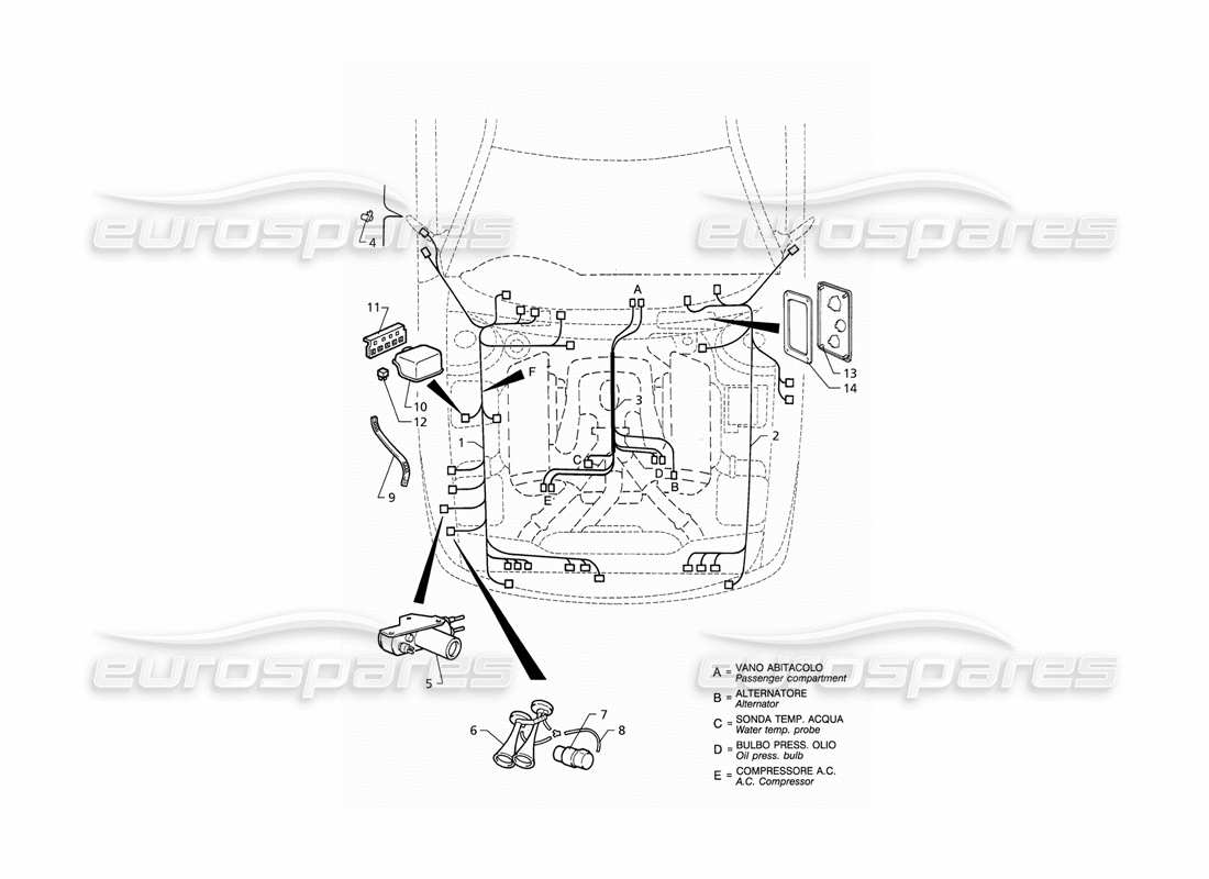 maserati qtp v6 (1996) sistema eléctrico: diagrama de piezas del compartimento del motor (rhd)