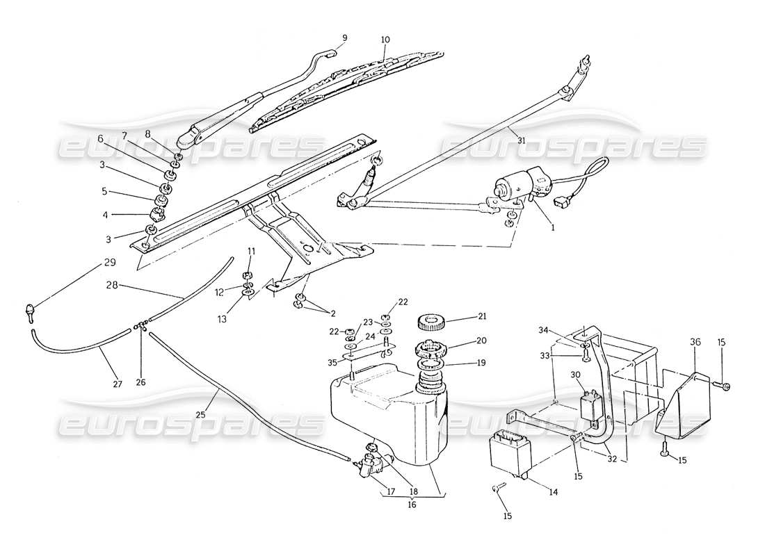 maserati karif 2.8 diagrama de pieza del limpiaparabrisas y arandela (automóviles con dirección derecha)