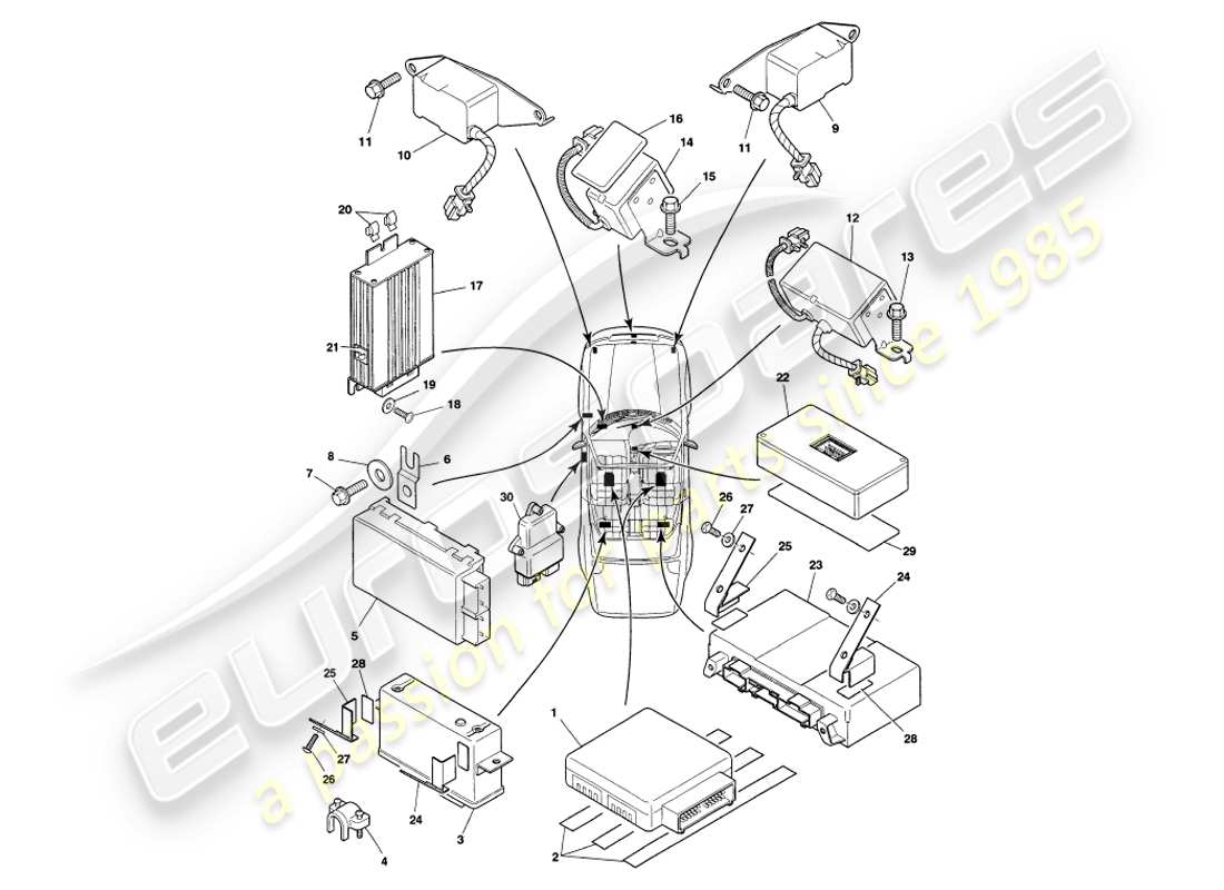 aston martin v8 volante (2000) módulos de control electrónico diagrama de piezas