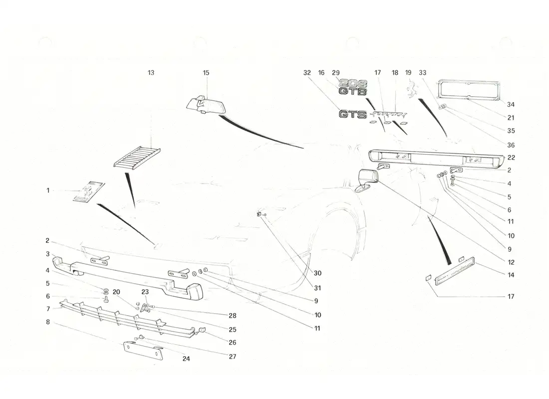 ferrari 208 gtb gts parachoques y molduras diagrama de piezas