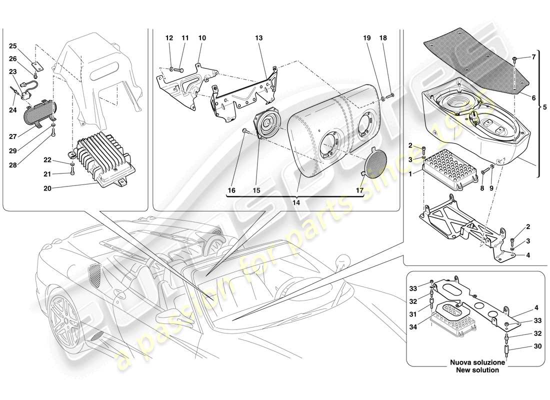 ferrari f430 spider (rhd) diagrama de piezas del sistema bose hi fi de alta potencia