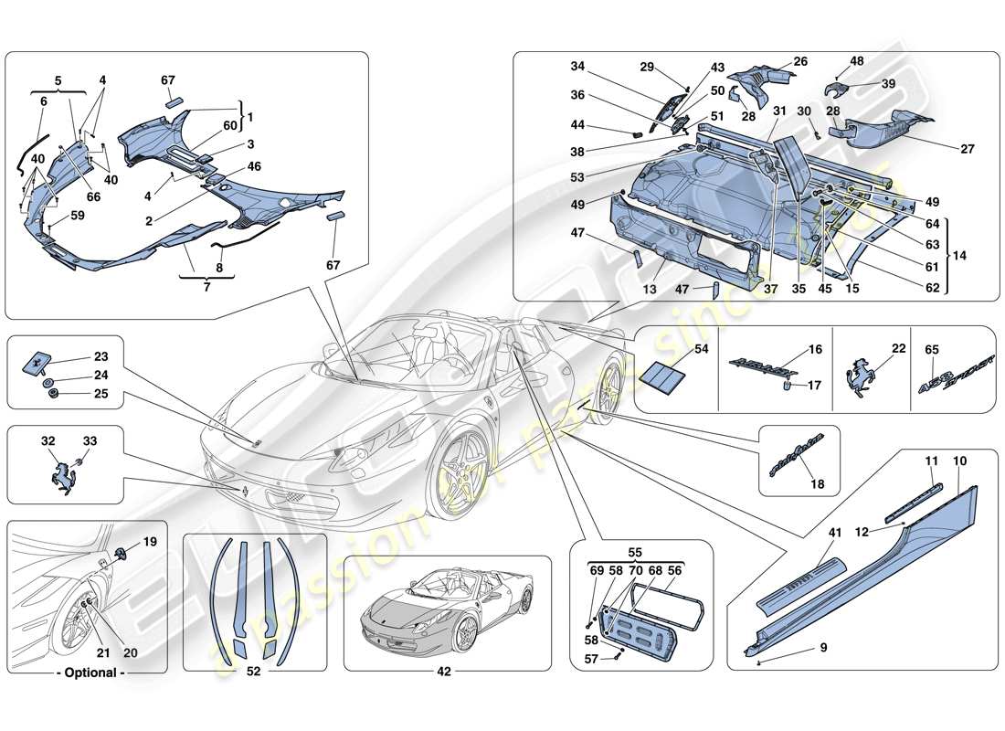 ferrari 458 spider (rhd) protectores - acabado externo diagrama de piezas