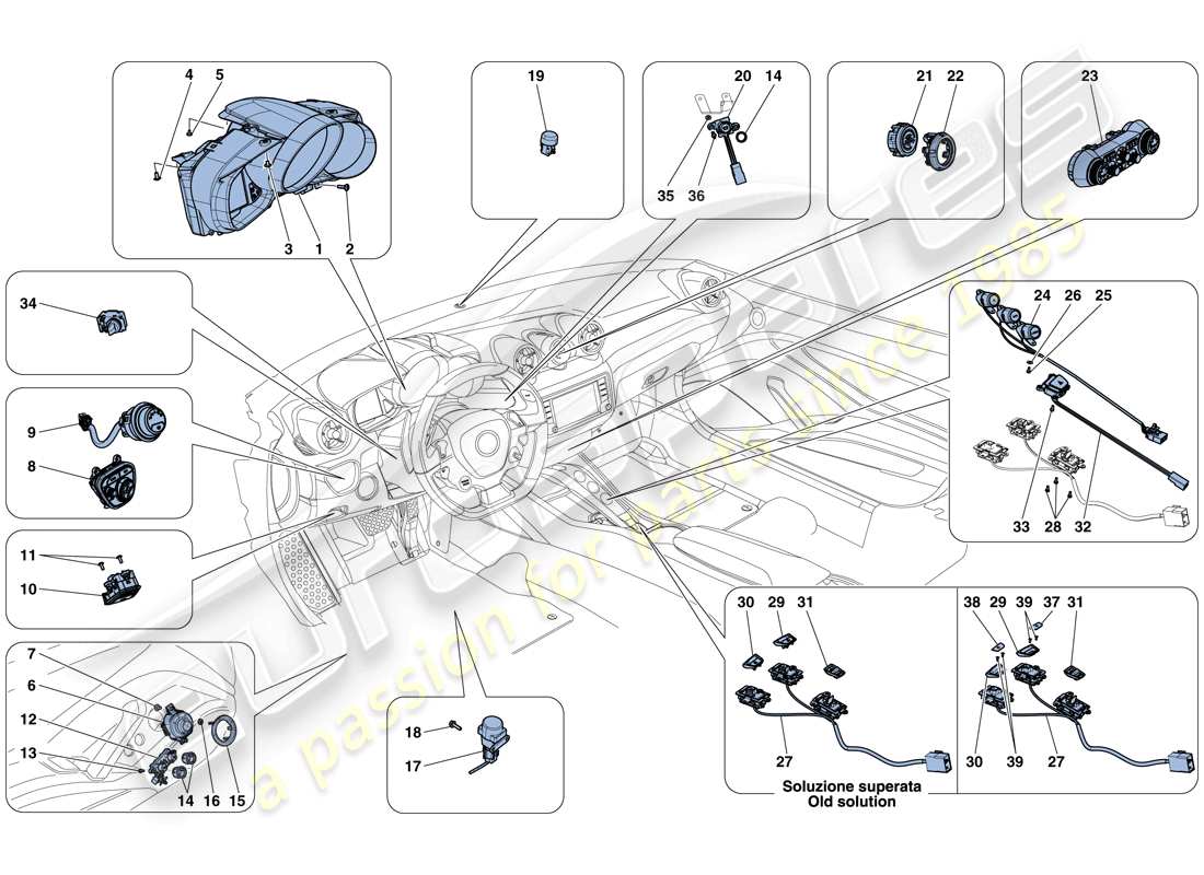 ferrari california t (rhd) instrumentos del salpicadero y del túnel diagrama de piezas