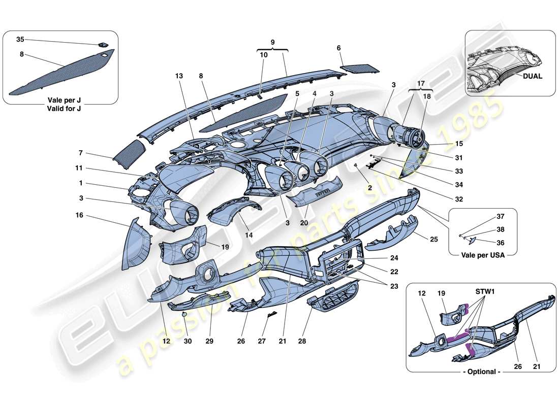ferrari california t (europe) tablero - acabado diagrama de piezas
