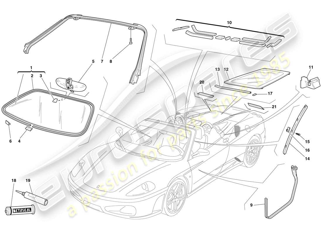 ferrari f430 spider (europe) pantallas, ventanas y juntas diagrama de piezas