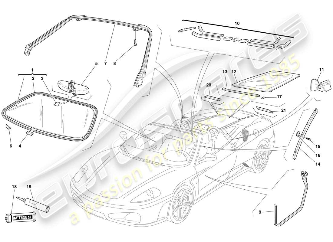 ferrari f430 spider (rhd) pantallas, ventanas y juntas diagrama de piezas