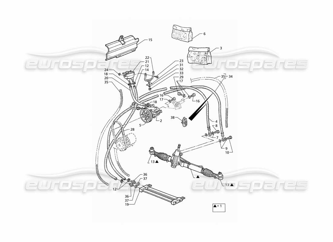 maserati qtp v6 (1996) diagrama de piezas del sistema de dirección asistida (rhd)