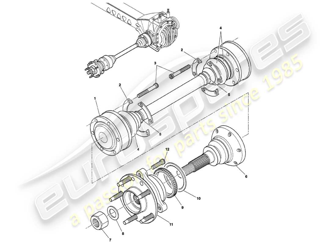 aston martin v8 volante (2000) diagrama de piezas del conjunto del eje de transmisión y el cubo