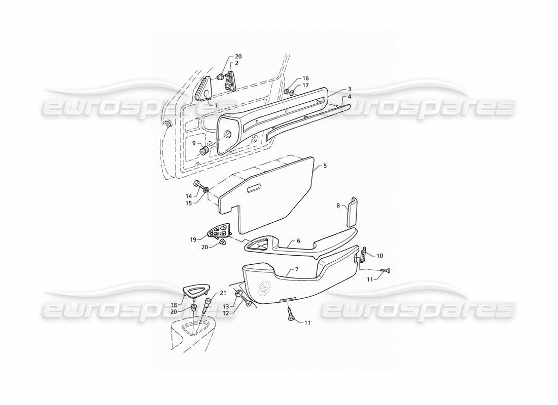 maserati qtp v6 (1996) adornos interiores: diagrama de piezas de los paneles de las puertas delanteras (rhd)