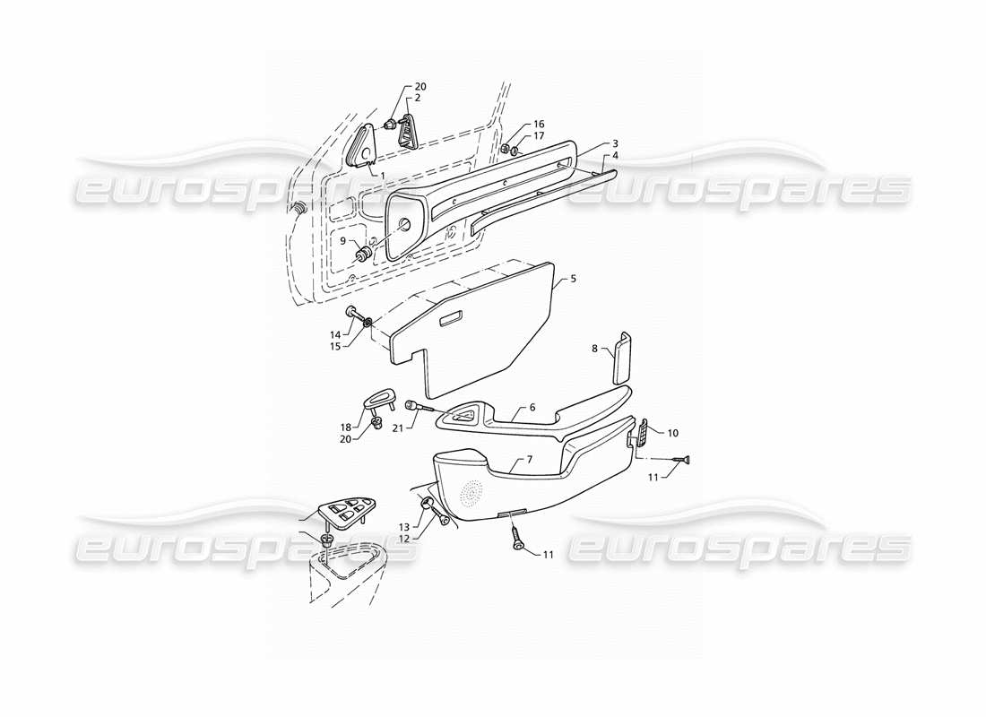 maserati qtp v6 (1996) adornos interiores: diagrama de piezas de los paneles de las puertas delanteras (lhd)