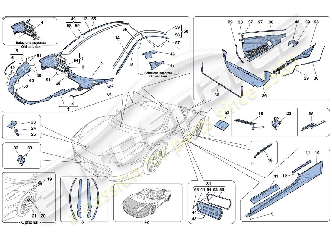 ferrari 458 italia (europe) escudos - acabado externo diagrama de piezas