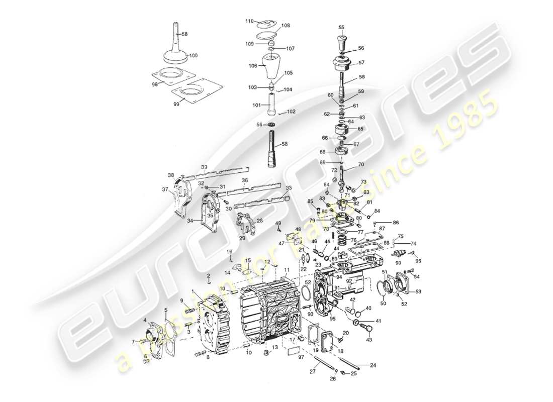 aston martin v8 virage (1999) diagrama de piezas de caja de cambios manual, carcasa y selector