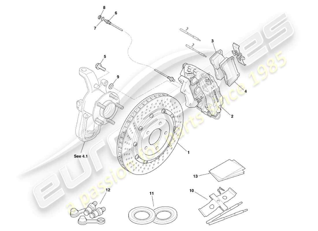 aston martin db7 vantage (2002) diagrama de piezas de frenos delanteros