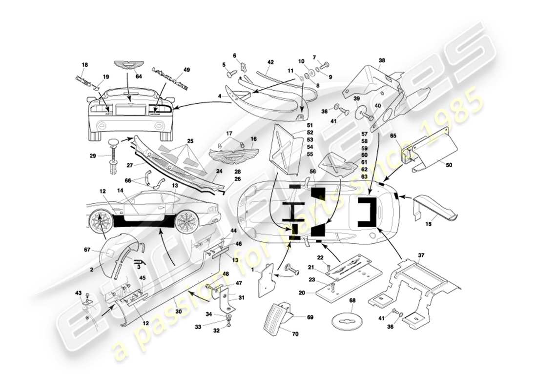 aston martin db7 vantage (2002) diagrama de piezas de accesorios para la carrocería