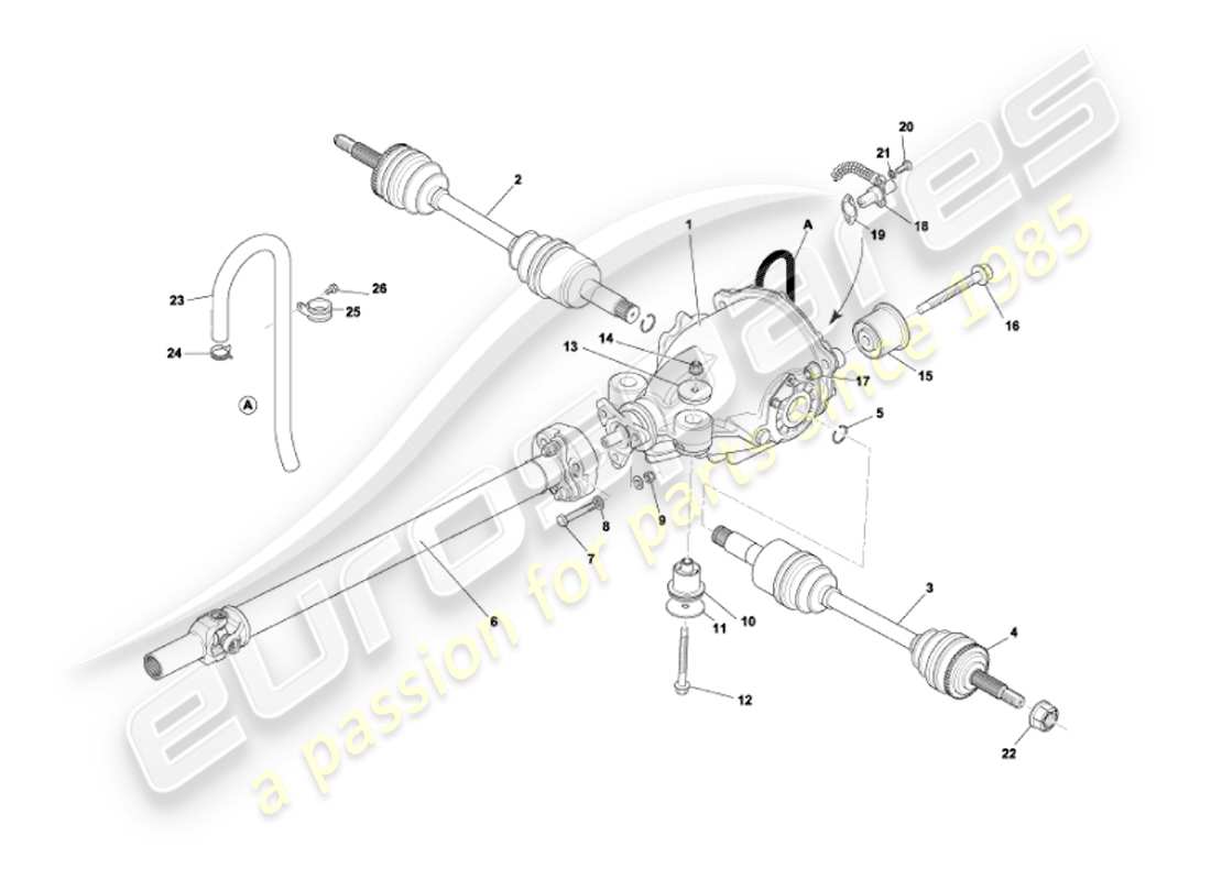 aston martin vanquish (2007) diagrama de piezas de conjunto de diferencial, transmisión y ejes de transmisión