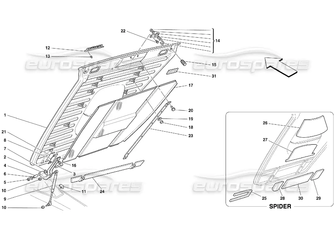 ferrari 355 (5.2 motronic) capó trasero diagrama de piezas