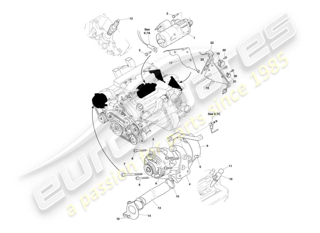 aston martin vanquish (2003) diagrama de piezas de los componentes eléctricos del motor