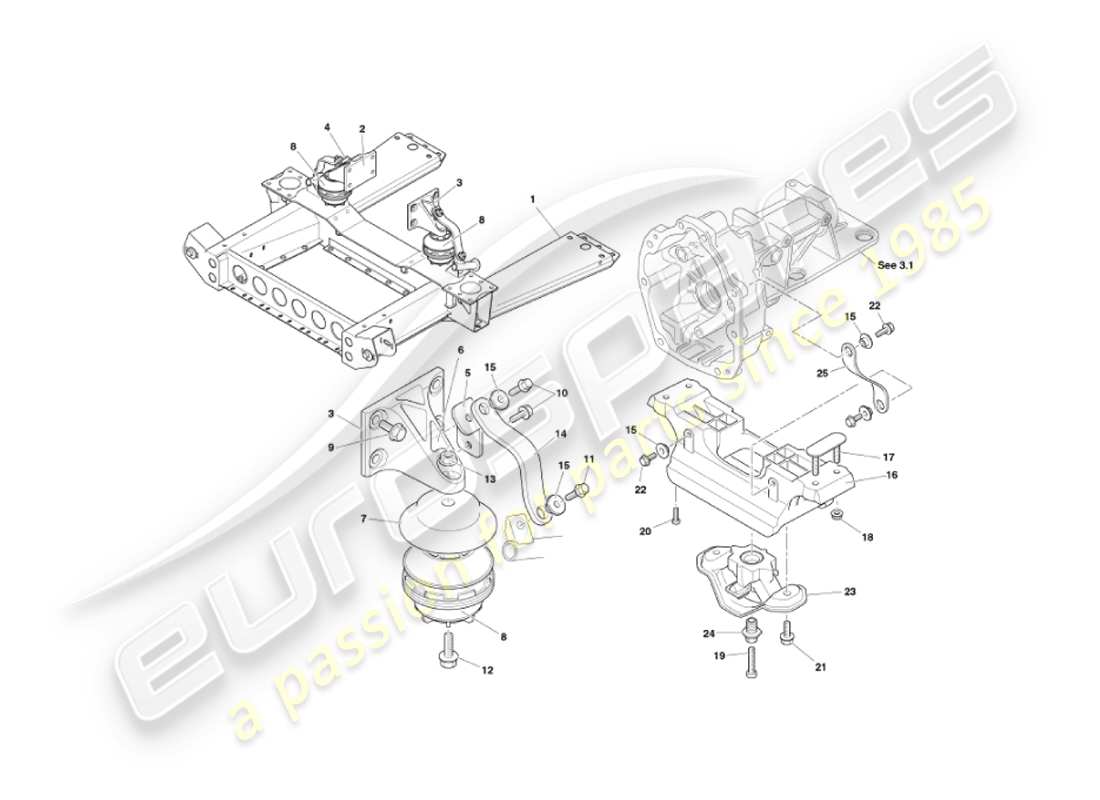 aston martin vanquish (2003) diagrama de piezas de soportes del motor