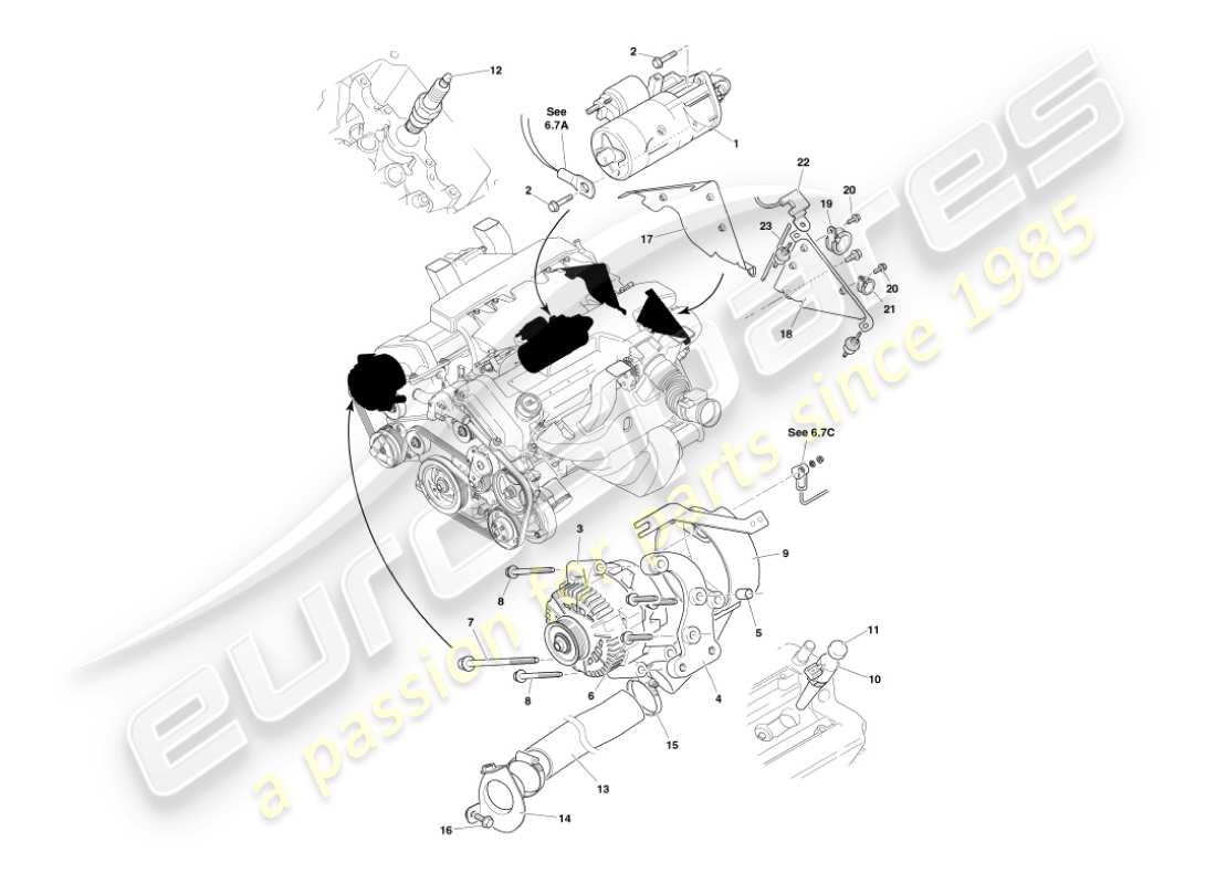 aston martin vanquish (2005) componentes eléctricos del motor diagrama de piezas
