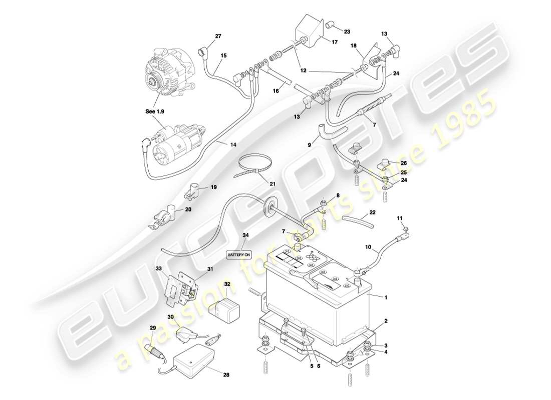 aston martin db7 vantage (2004) diagrama de piezas de batería y bandeja