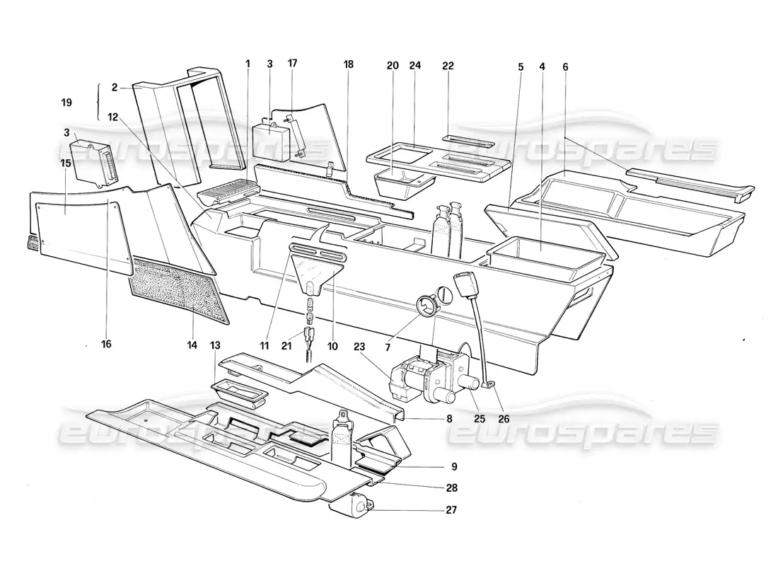 ferrari testarossa (1987) diagrama de piezas del túnel central (para la versión estadounidense my 1987)